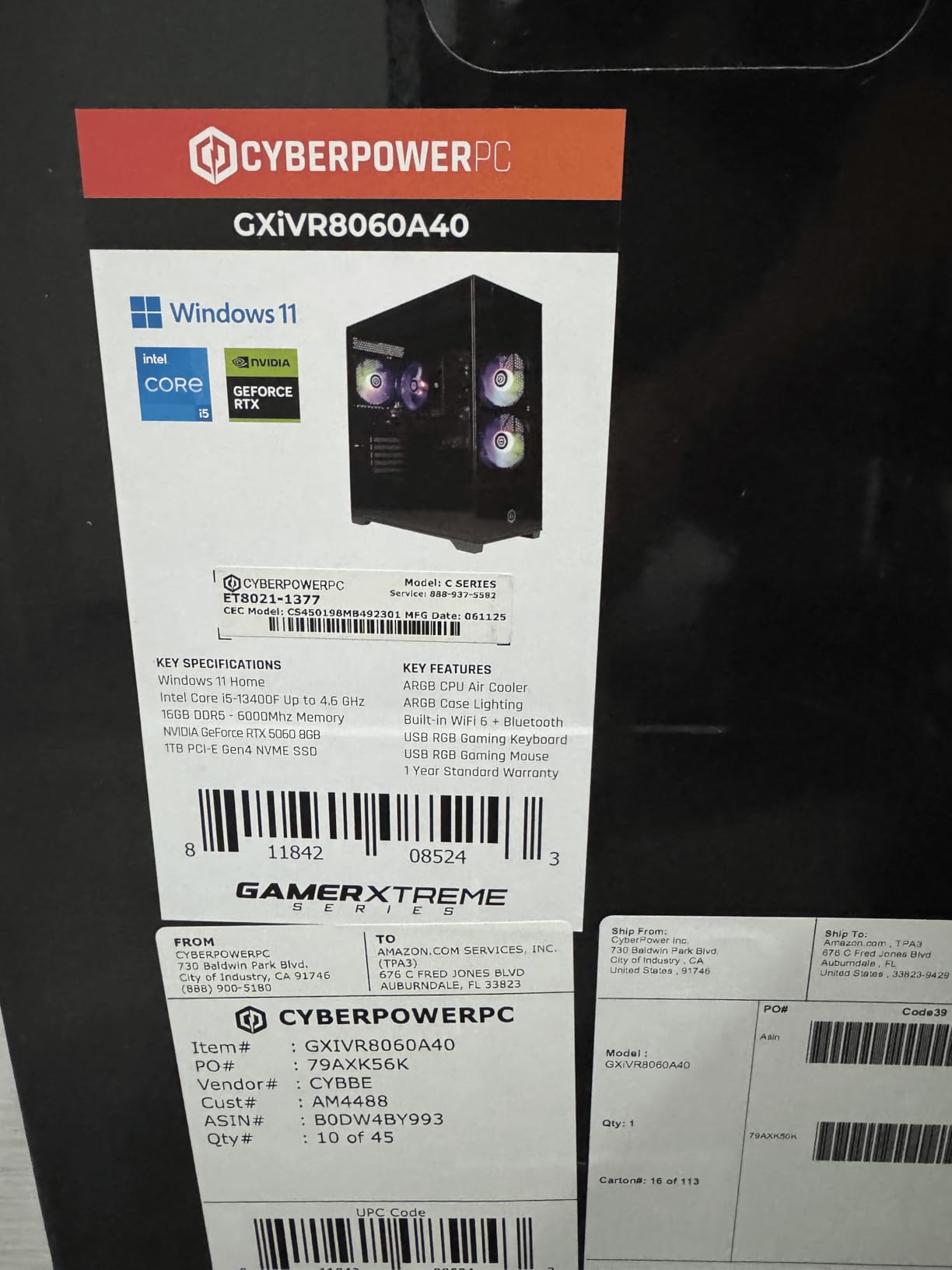 CyberPowerPC Gamer Xtreme VR Gaming PC, Intel Core i5-13400F 2.5GHz, GeForce RTX 5060 8GB, 16GB DDR5, 1TB PCIe 4.0 SSD, WiFi Ready & Windows 11 Home (GXiVR8060A40) - Customer Photo 3