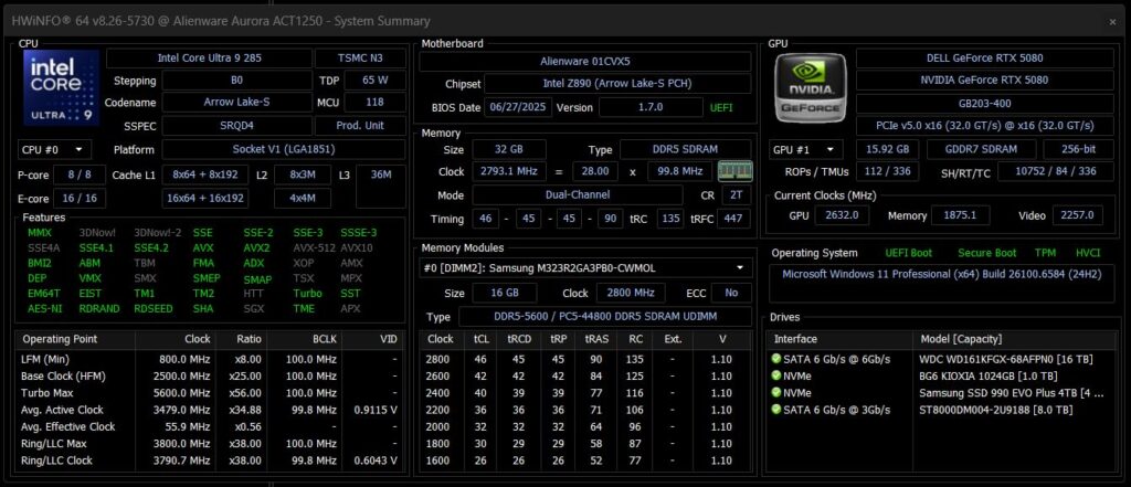 Alienware Aurora Gaming Desktop ACT1250 - Intel Core Ultra 9 285 Processor, Liquid Cooled, NVIDIA GeForce RTX 5080, 32GB DDR5 RAM, 1TB SSD, 1000W Platinum Rated PSU, Win 11 Home - Clear Panel - Customer Photo 1