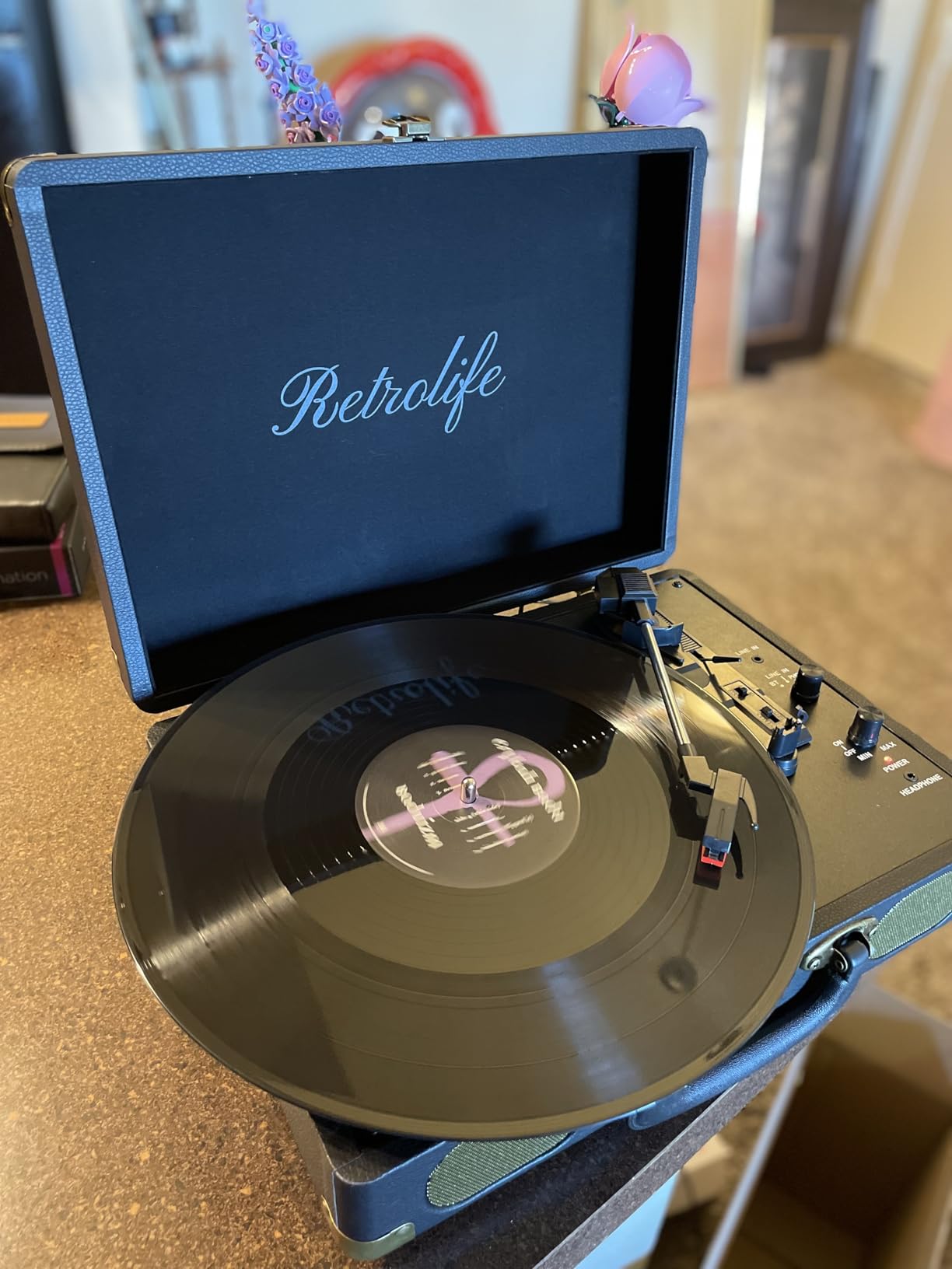 Vinyl Record Player 3-Speed Bluetooth Suitcase Portable Belt-Driven Record Player with Built-in Speakers RCA Line Out AUX in Headphone Jack Vintage Turntable - Customer Photo 2