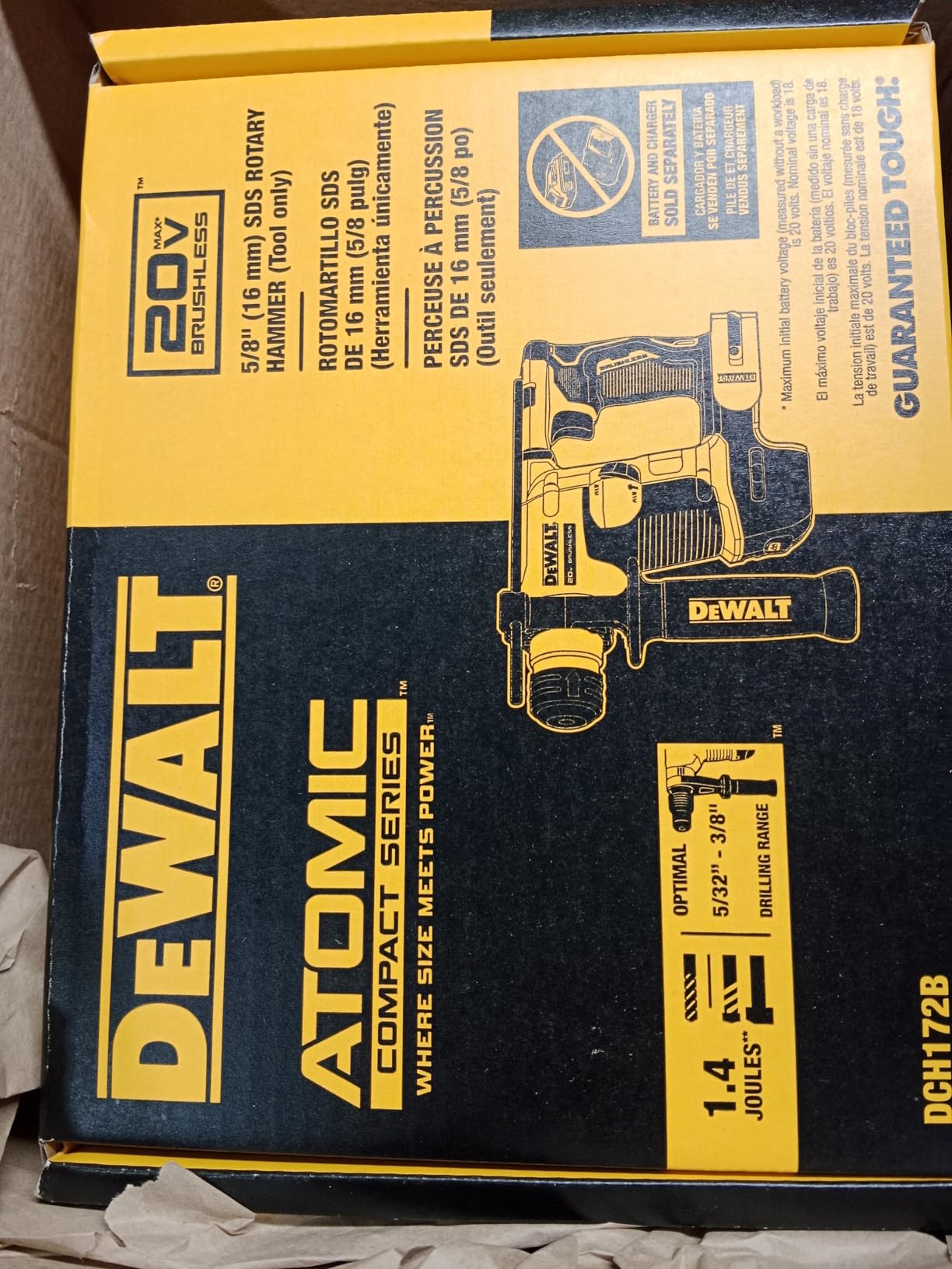 DEWALT 20V MAX SDS Plus Rotary Hammer Drill, Cordless, 5/8 in., Tool Only (DCH172B), Brushless Motor, Compact - Customer Photo 4